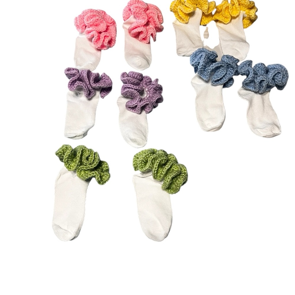 White Kids Anklet Socks with Pink, Yellow, Blue, Purple & Green Ruffle Cuffs